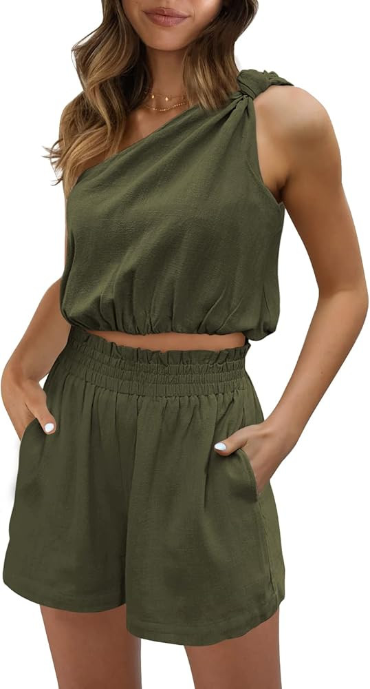 AUTOMET Womens 2 Piece Outfits Linen Matching Sets Two Piece Lounge Shorts Boho Crop Tops 2023 Be... | Amazon (US)