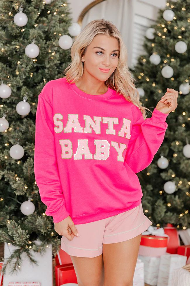 Santa Baby Pink Chenille Patch Graphic Sweatshirt | Pink Lily