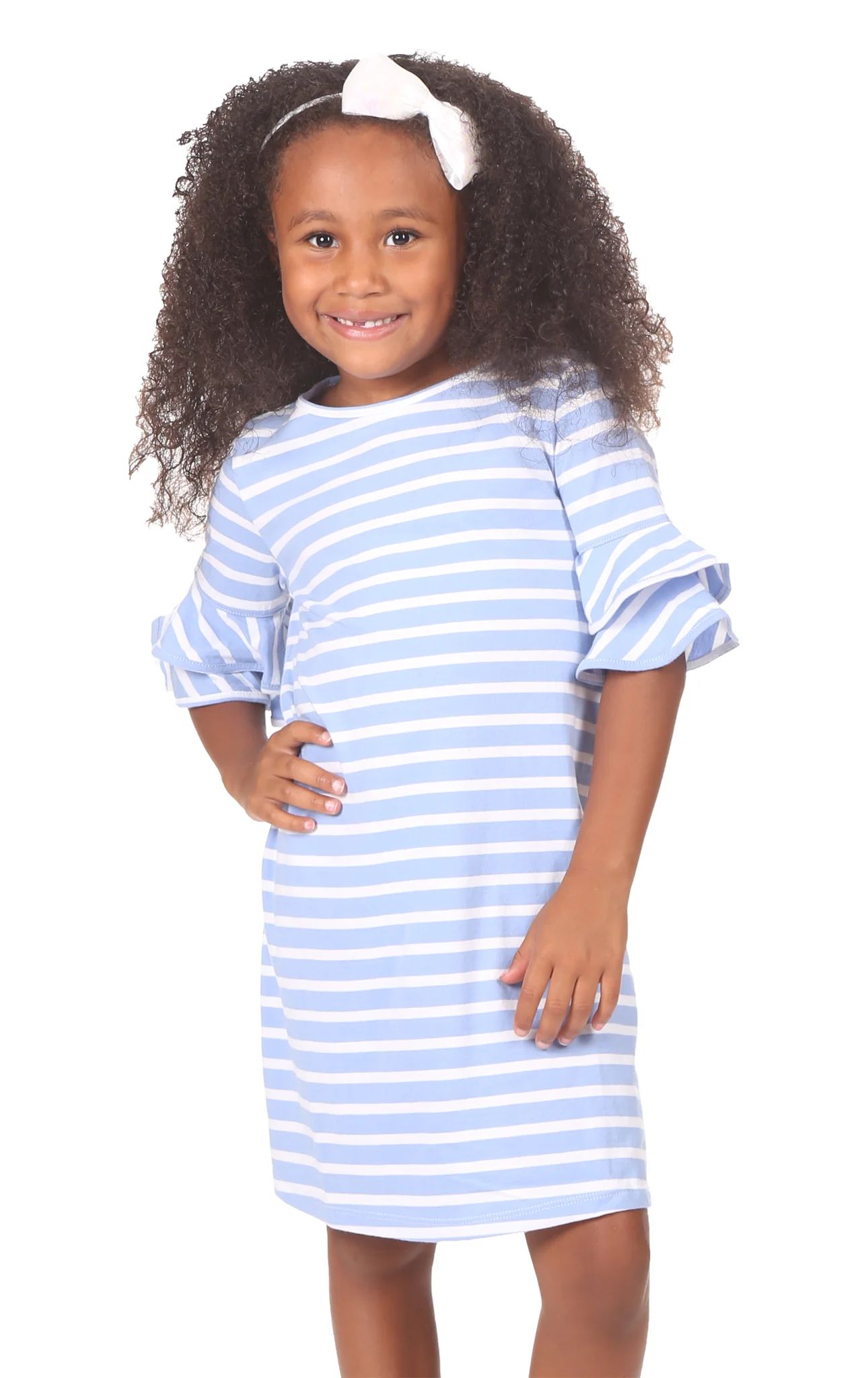 Girls Opal Dress in Hydrangea & White Stripe | Duffield Lane