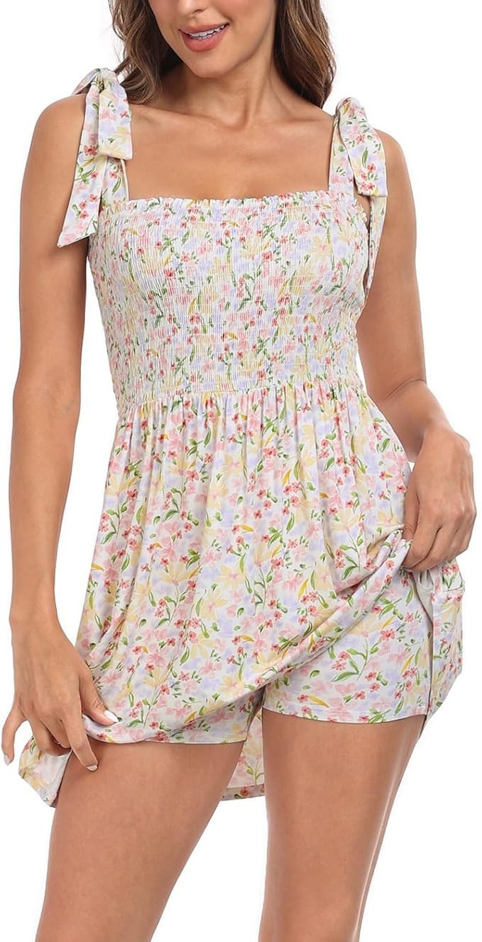 HDE Women's Romper Dress with Built in Shorts Summer Smocked Mini Sundress | Amazon (US)