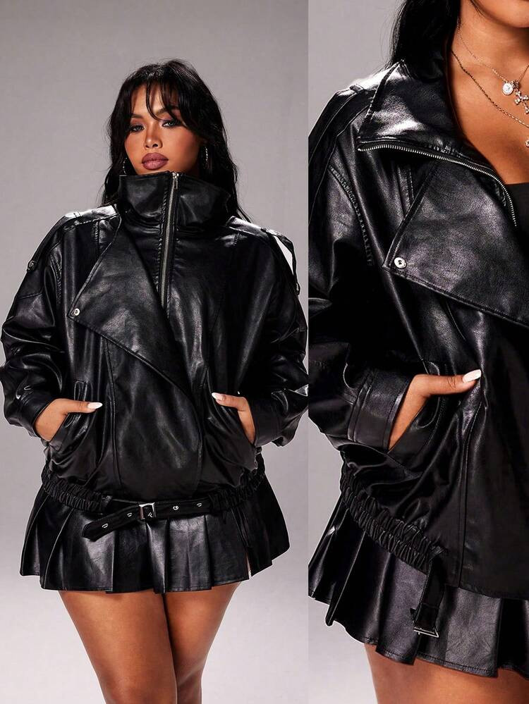 Rustia Plus Size Stylish Street Style Casual Loose Fit Motorcycle Leather Jacket, Autumn | SHEIN