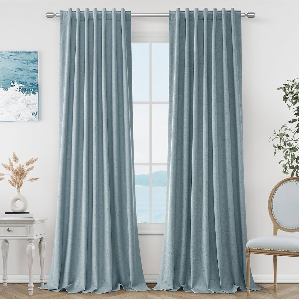 Blue Linen Blackout Curtains 102 Inch Length 2 Panels Set for Living Room Bedroom Back Tab Therma... | Amazon (US)