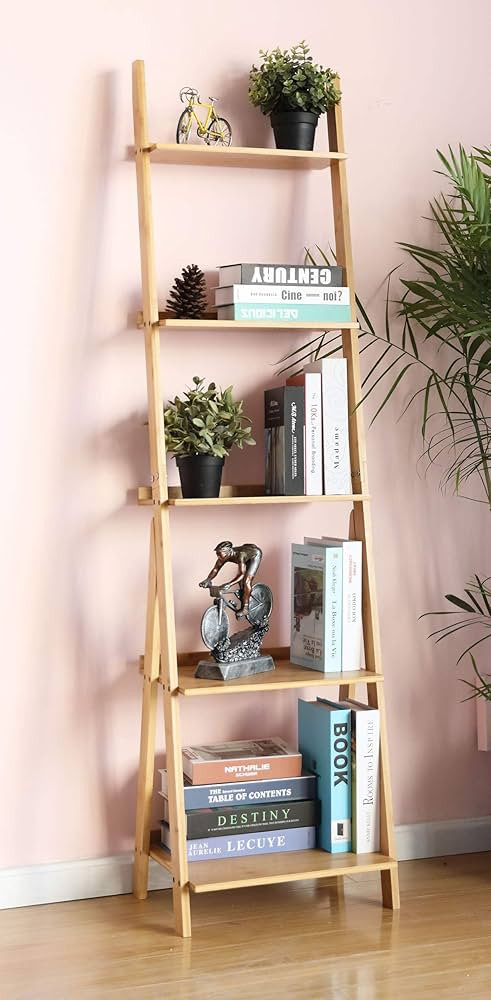 HYNAWIN Corner Ladder Shelf Storage Shelving, 5 Tier Books/CDs/Albums/Files Holder in Living Room... | Amazon (US)