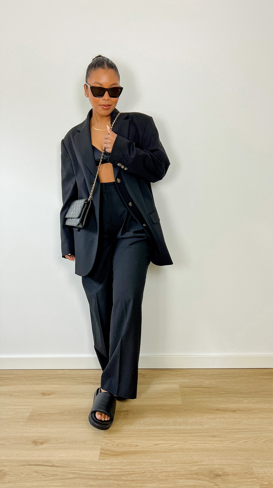 Sunny Saturday Spring Outfit inspo. Monochrome outfit, Everlane black blazer, H&M slides, black wide leg trousers, YSL sunglasses, Lily Silk bralette, black outfit, spring fashion, minimal outfit, casual chic. 

#LTKSeasonal #LTKstyletip #LTKcurves