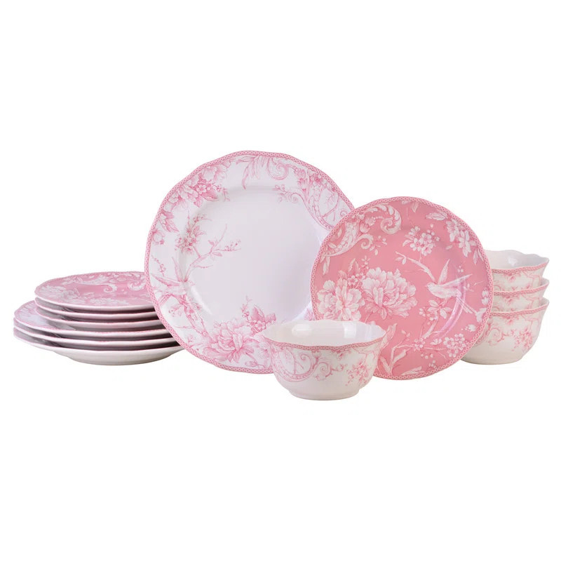 222 Fifth Adelaide Blush 12-Piece Porcelain Dinnerware Set - Service For 4, Plate & Bowl Set | Wayfair North America