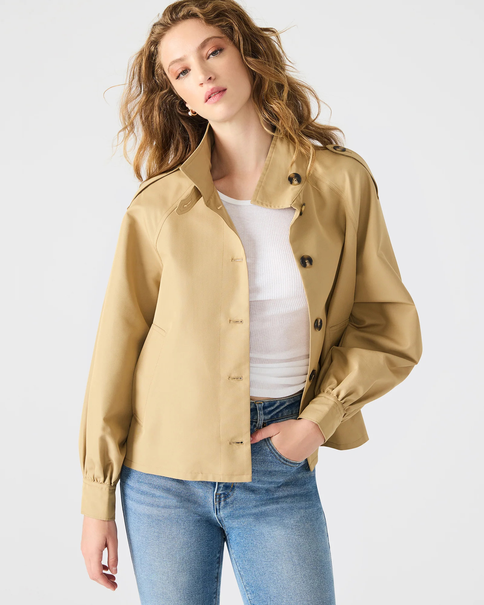 KAYLEE Medium Khaki Long-Sleeved Button-Up Women's Jacket | Steve Madden (US)