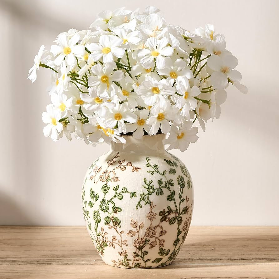 Green and Beige Antique Vase, 5.75" Chinoiserie Floral Design, Rustic Ceramic Vase Home Decor, Li... | Amazon (UK)