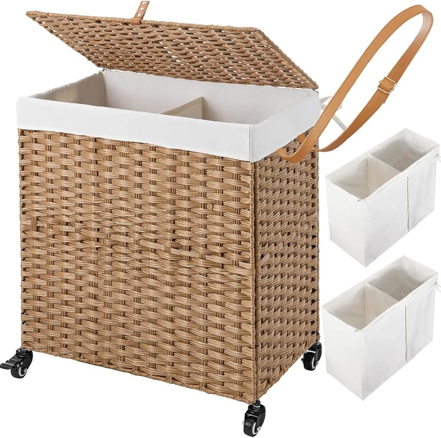 Greenstell Laundry Hamper with Wheels, No Install Needed, 110L Divided Handwoven Hampers & 2 Remo... | Amazon (US)