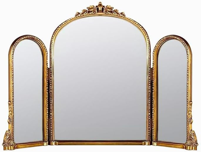 HSDDHOME Antique Gold Triple Fold Makeup Mirror with Tri-Color LED Lighting & Dimming, Baroque Ca... | Amazon (US)