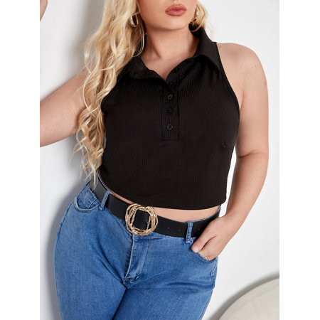 VEDAXIN Women s Plus Ribbed Knit Polo Neck Crop Tank Top Black Casual Summer Summer | Walmart (US)