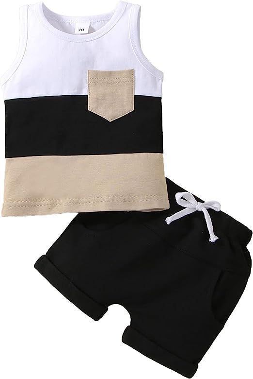 Hoanselay Toddler Infant Baby Boy Summer Shorts Set Sleeveless Striped Tank Tops T Shirt and Soli... | Amazon (US)