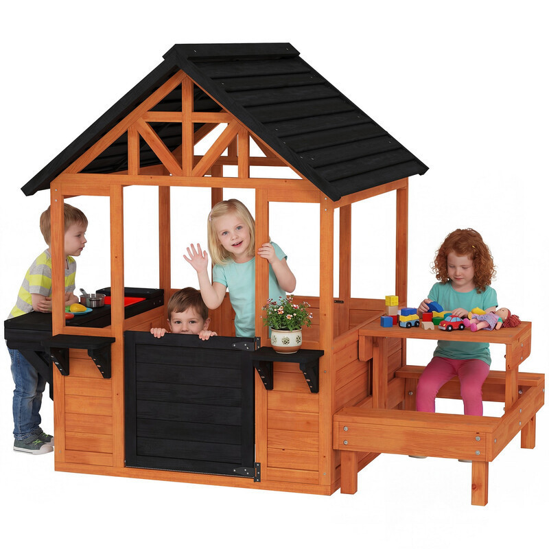 345-038V00LR AIYAPLAY Wooden Playhouse, Outdoor Playhouse for Kids with Table, Benches, Sink Table, Snack Bar Window and Flowerpot Holders, for Ages 3-8 Outdoor Indoor Imaginative Play, Light Brown | Joybuy