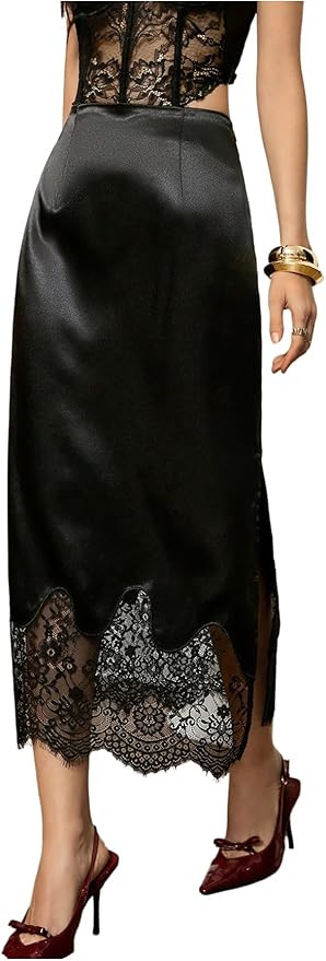 GORGLITTER Women's Lace Satin Skirt Split High Waist Half Slip Dressy Elegant A Line Maxi Skirts | Amazon (US)