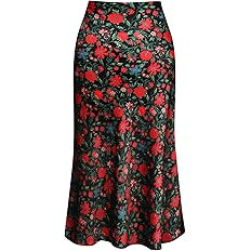 Keasmto Leopard Skirt for Women Midi Length High Waist Silk Satin Elasticized Cheetah Casual Ladi... | Amazon (US)