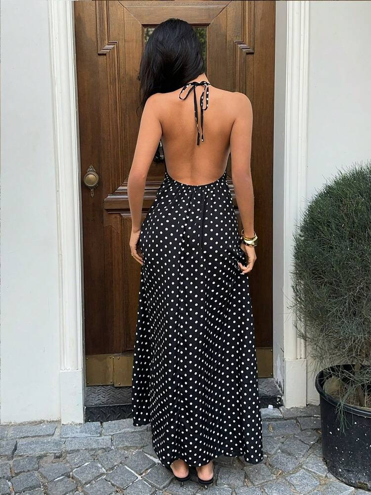 Sunnyshic Women Black And White Polka Dot Lace Patchwork V-Neck Halter Backless Maxi Dress,Elegan... | SHEIN