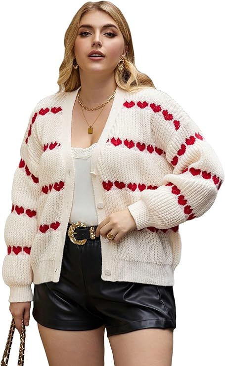 WDIRARA Women's Plus Size Heart Print V Neck Button Front Long Sleeve Cardigan Casual Sweater | Amazon (US)
