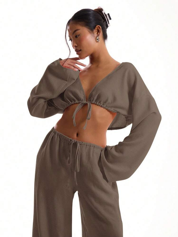Linen Feel Tie Front Top | SHEIN