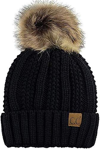 Uniq Fliker Thick Cable Knit Faux Fuzzy Fur Pom Fleece Lined Skull Cap Cuff Beanie Suitable for C... | Amazon (US)
