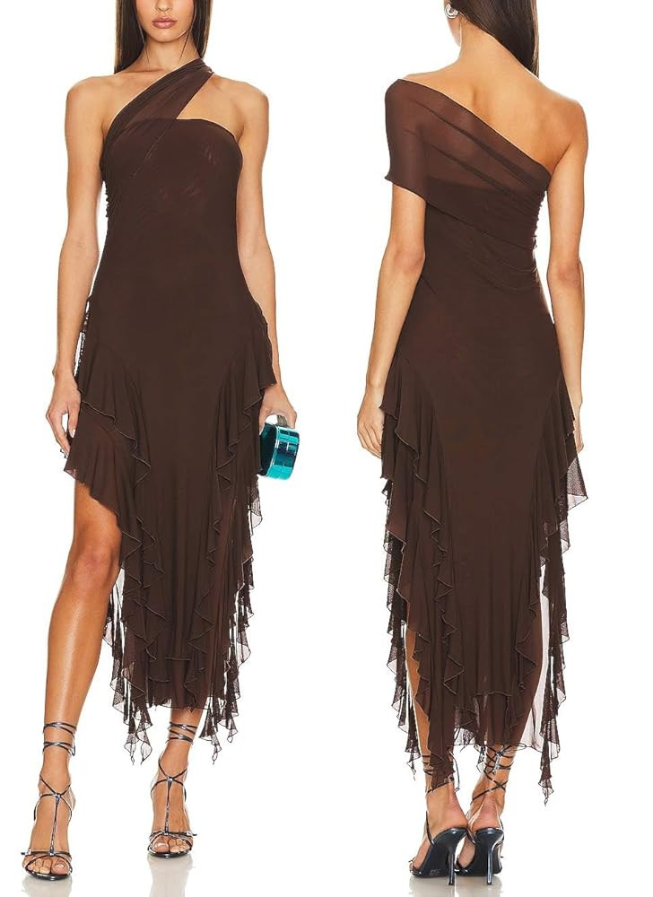 ALENDA DANMOS Womens Sexy Strapless One Shoulder Maxi Dress Irregular Split Mesh Ruffles Tassel H... | Amazon (US)