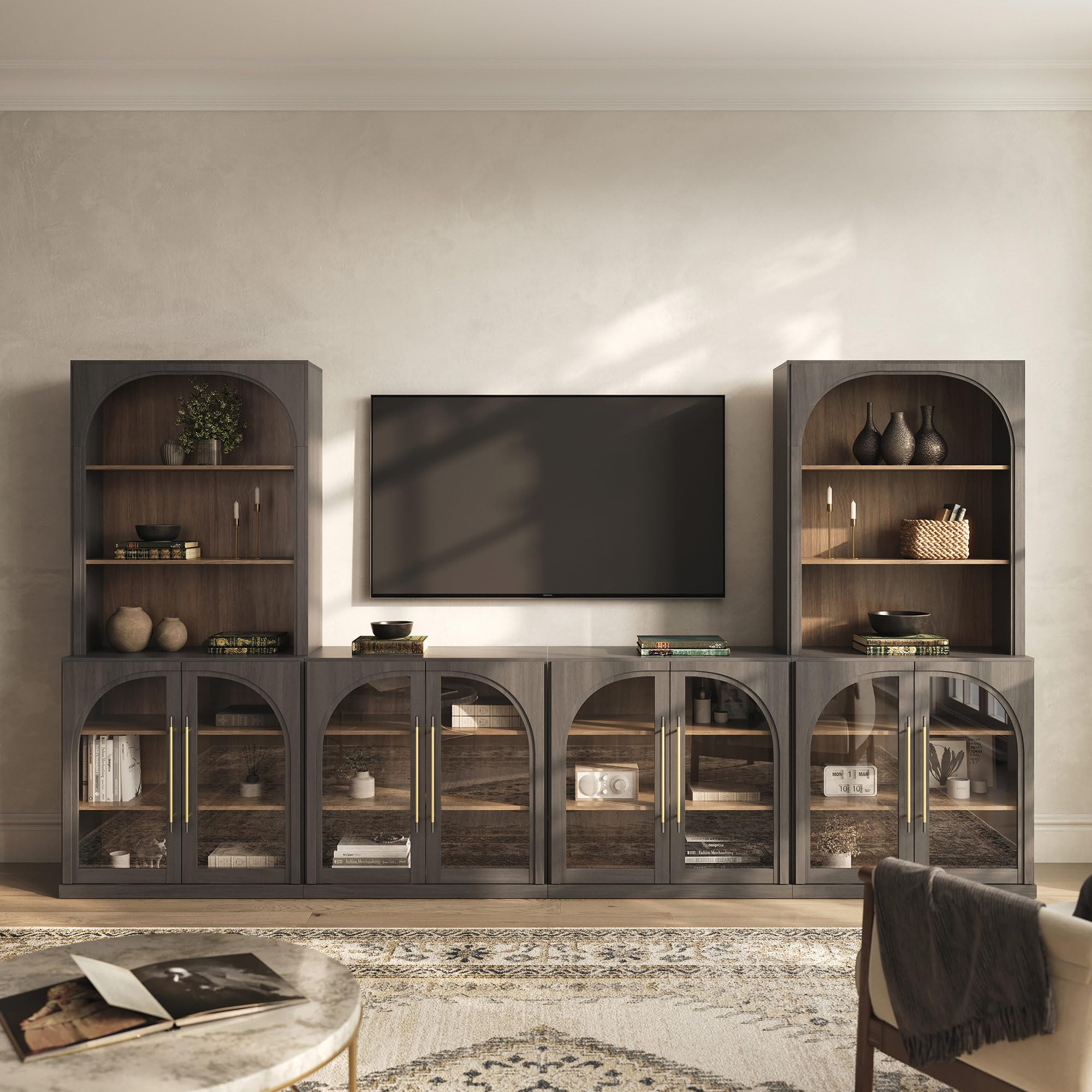 BELLEZE 6-Piece Modular TV Stand Set - 4 Arched Glass Door Entertainment Center & 2 Hutch Storage... | Amazon (US)