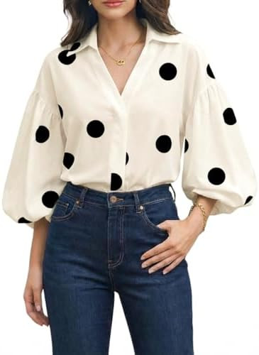 Womens Fashion Loose Long Sleeve Polka Dot Top V Neck Lantern Long Sleeve Shirts Blouses Dressy C... | Amazon (US)