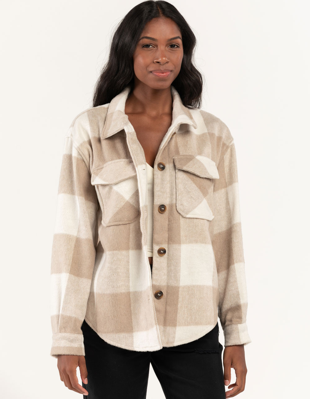 LOVE TREE Buffalo Plaid Womens Shacket  - KHAKI | Tillys | Tillys