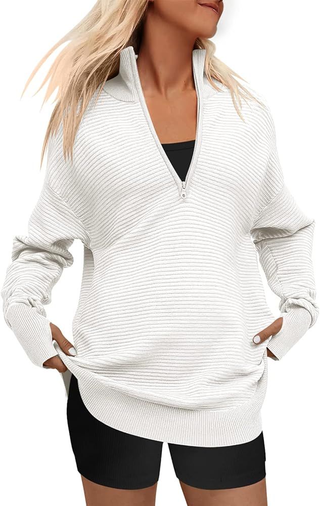 Women's 2023 Fall Long Sleeve Half Zip V Neck Collared Casual Oversized Ribbed Knit Pullover Swea... | Amazon (US)