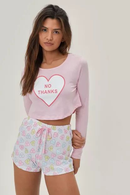 Graphic Love Heart Cropped Top and Shorts Pajama Set | Nasty Gal (US)