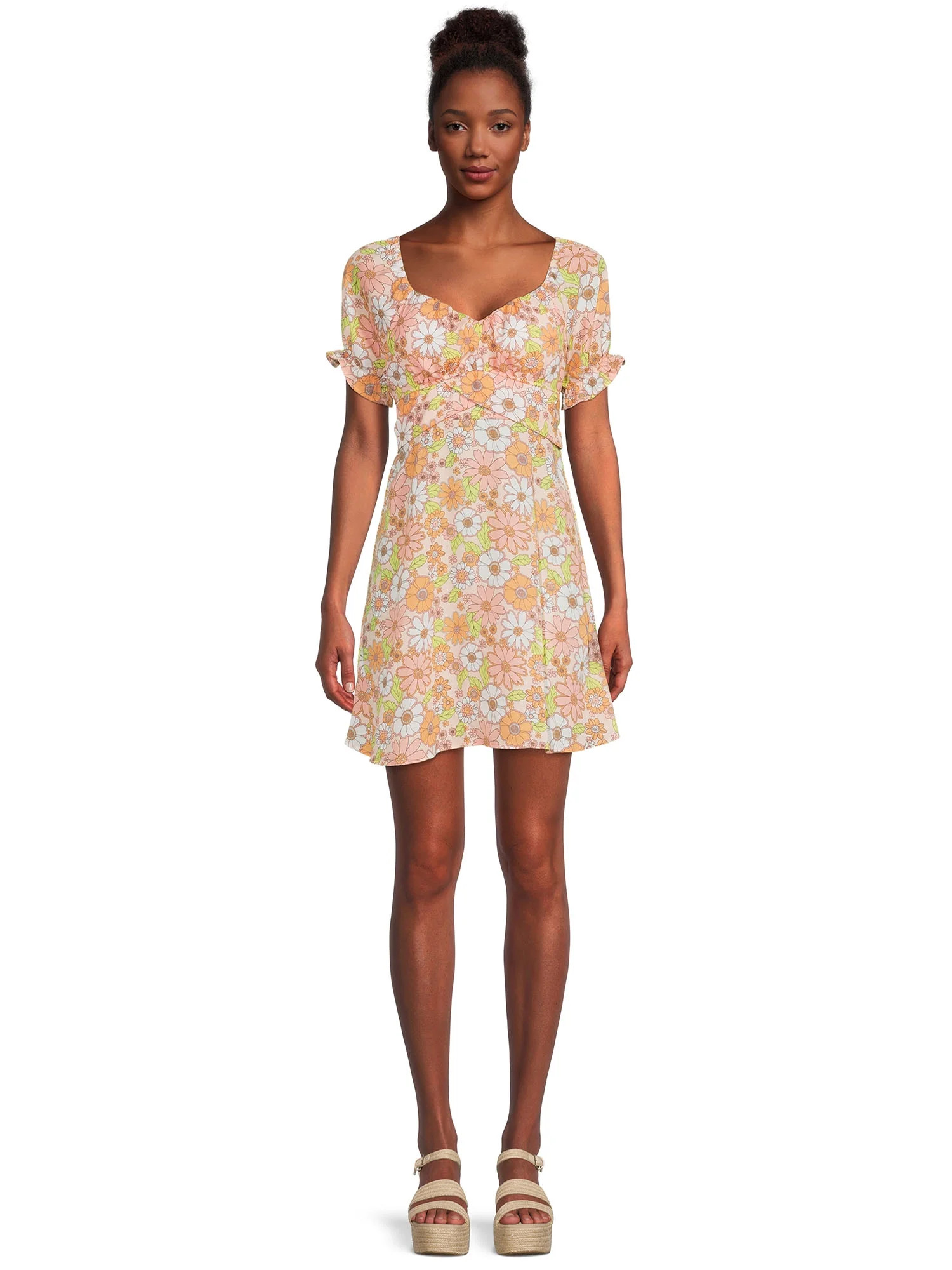 Madden NYC Juniors’ Peasant Dress with Puff Sleeves and Back Tie, Sizes XS-3XL | Walmart (US)