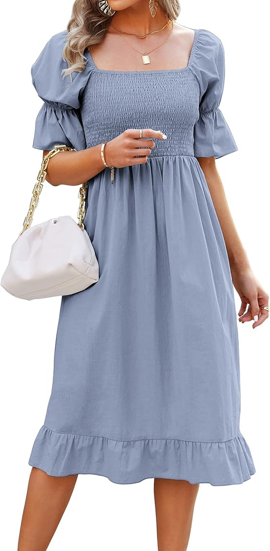 Angashion Women Square Neck Dress Solid Short Puff Sleeve Smocked Waist Knee Length Ruffle Summer... | Amazon (US)