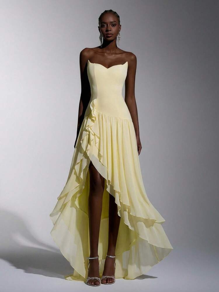 Elitara Vintage Romantic Athens Style Off-Shoulder Cat Collar Bodycon Slit Ruffle Hem Dress, Suitable For Afternoon Tea, Business Events, And Various Occasions Such As Formal Dances, Net Feeling Formal Dress, Yellow Formal Dress | SHEIN