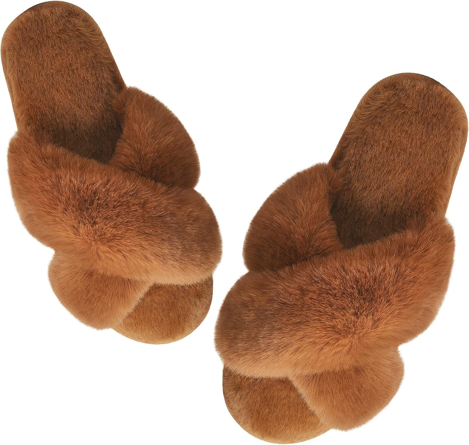 Women's Cross Band Slippers Soft Plush Furry Cozy Open Toe House Shoes Indoor Outdoor Faux Rabbit... | Amazon (US)