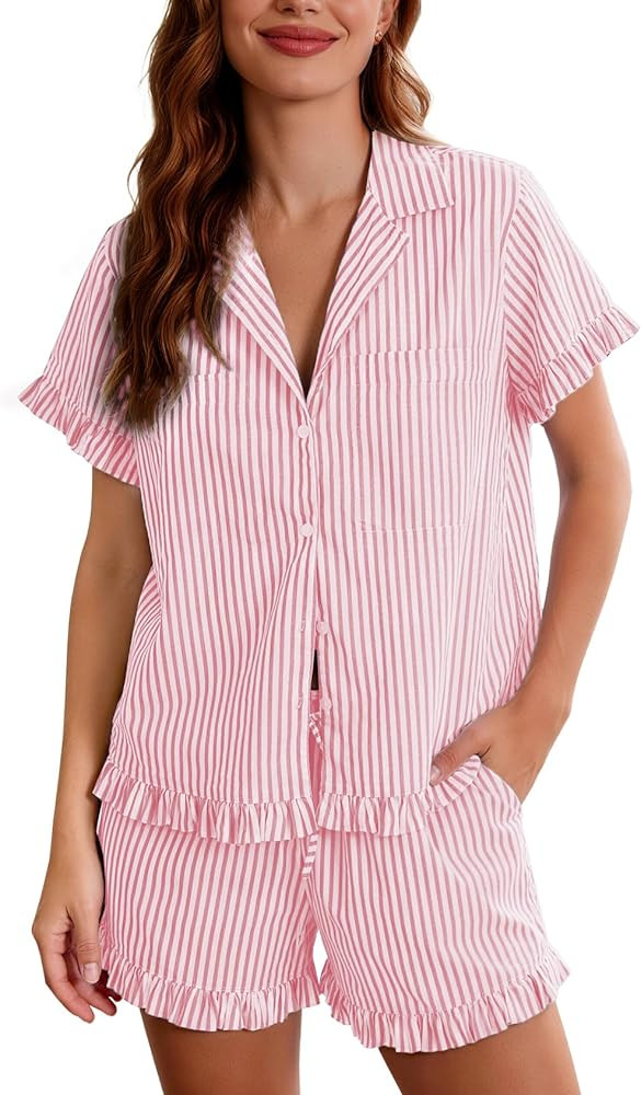Flygo Womens Striped Pajama Set Cotton 2 Piece Lounge Pajamas Sets Short Sleeve Ruffle Shirt Shor... | Amazon (US)