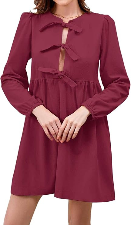 Women Corduroy Long Puff Sleeve Bow Tie Front Peplum Mini Dress A Line Ruffle Short Dress Cute Fl... | Amazon (US)
