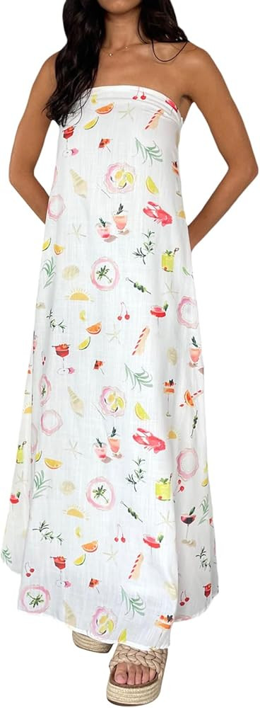 Women Strapless Maxi Dress Boho Floral Print Flowy Long Tube Dress Off Shoulder Loose Beach Sundr... | Amazon (US)