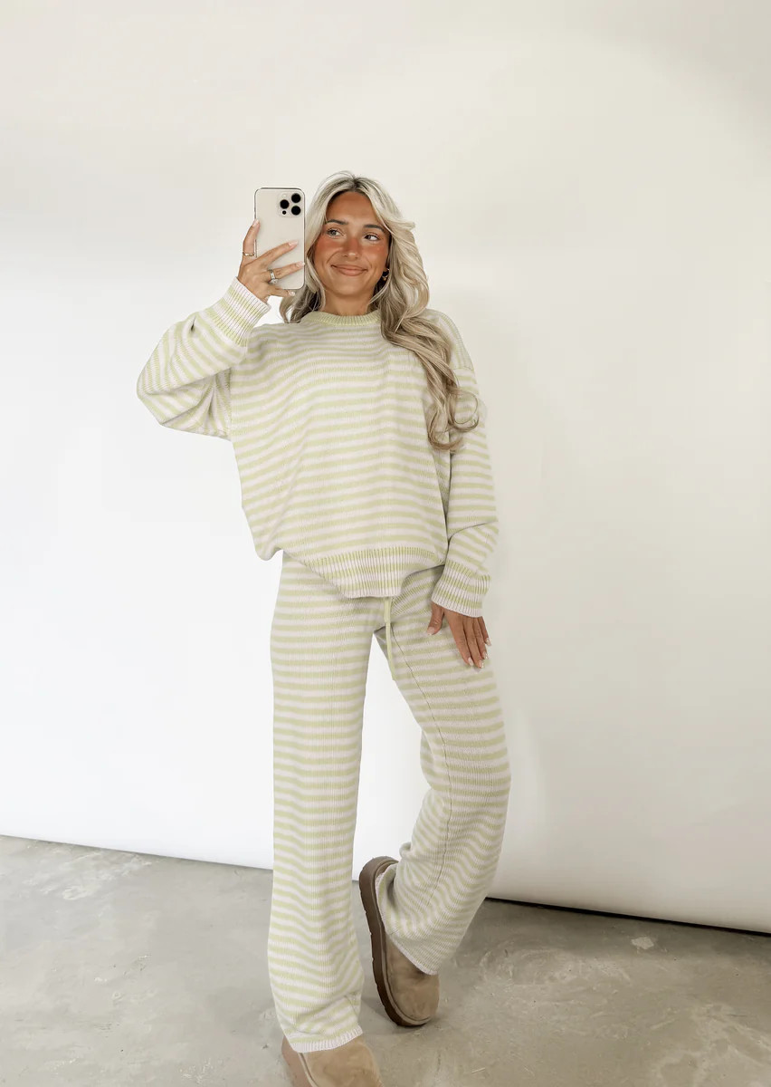 Bound To Be Cozy Striped Sweater & Wide Leg Pant Set - Lavender/Lime Green | CK Squared Boutique