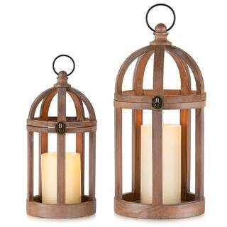 13 in. and 10 in. H Brown Wooden Farmhouse Lantern Decor (Set of 2) | The Home Depot