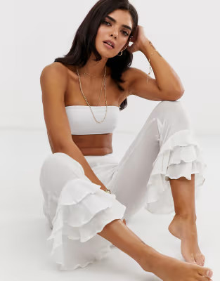 ASOS DESIGN beach pants with tiered ruffle hem in white | ASOS US