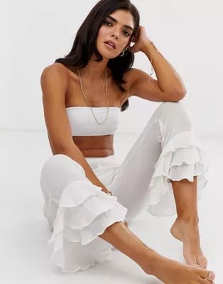ASOS DESIGN beach pants with tiered ruffle hem in white | ASOS US