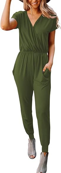 Women’s Sexy Deep V Neck Short Sleeve Wrap Elastic Waist Beam Foot Jumpsuit Romper with Pockets | Amazon (US)