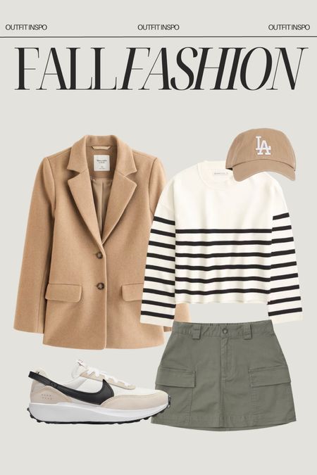 Fall fashion outfit inspo!
Abercrombie fashion, cargo skirt, stripe sweater, Dodgers hat, wool blazer, Nike sneakers 

#LTKFind #LTKSale #LTKunder100