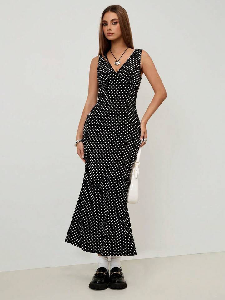 Roylia Polka Dot Print Split Thigh Bodycon Dress Maxi Women Outfit | SHEIN