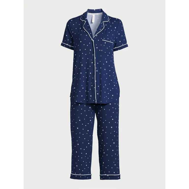 Joyspun Women's Knit Short Sleeve Notch Collar Top and Capri Pajama Set, 2-Piece, Sizes S to 3X | Walmart (US)