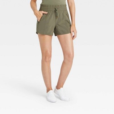 Women&#39;s Stretch Woven Mid-Rise Shorts 4&#34; - All in Motion&#8482; Moss Green M | Target