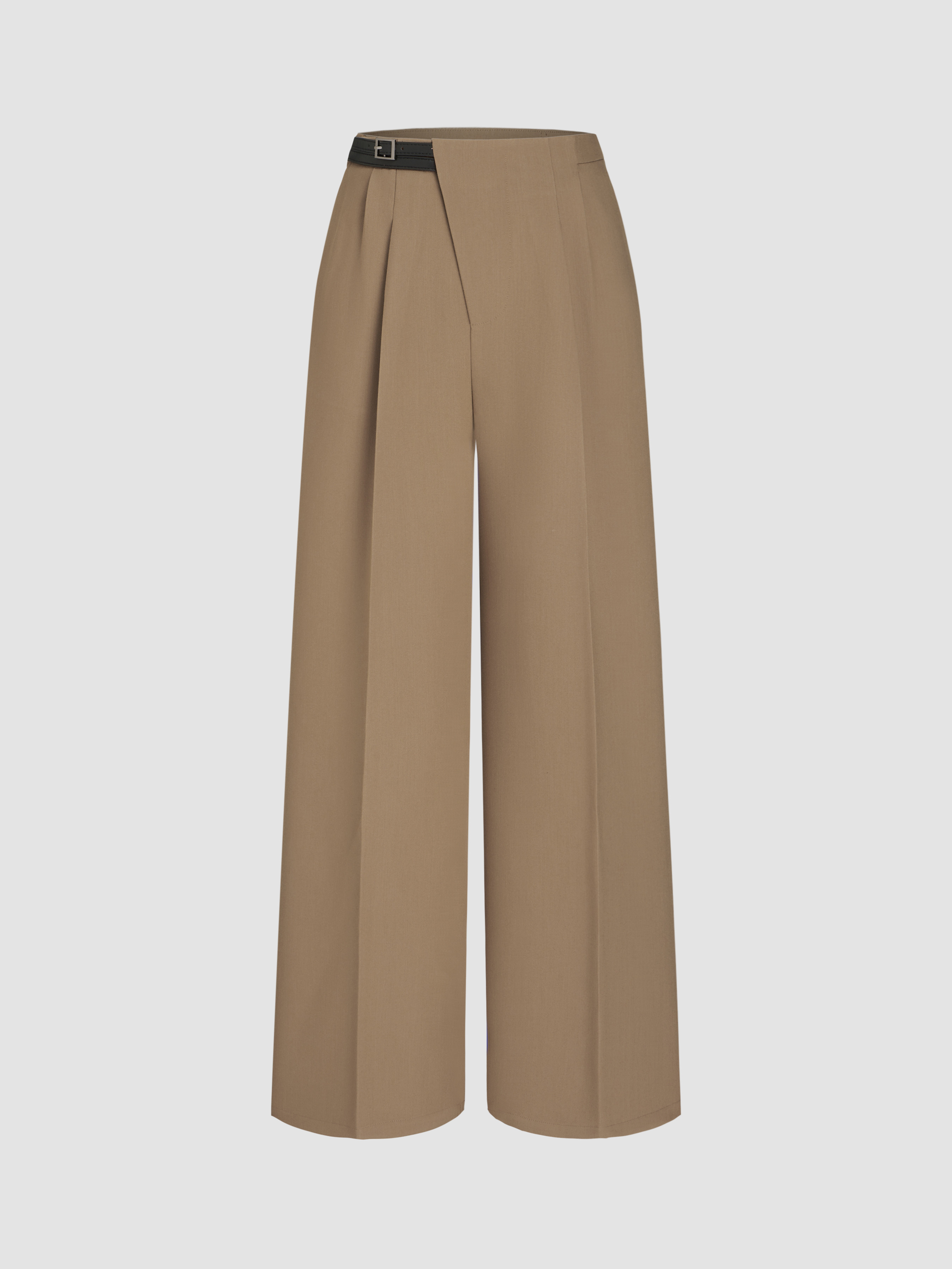 Woven Mid Rise Belted Straight Leg Trousers For Daily Casual Work | Cider