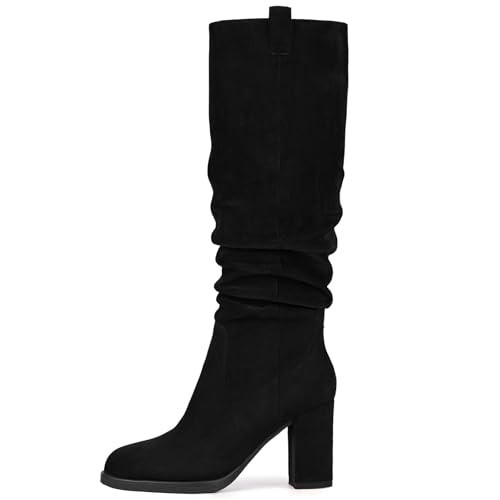 Pasuot Suede Knee High Boots for Women - Black Tall Chunky High Heel Dress Boot with Side Zipper, Round Toe Ruched Slouch Block Long Boots for Ladies, Stylish Fall Boot for Work, Party Size 9.5 | Amazon (US)