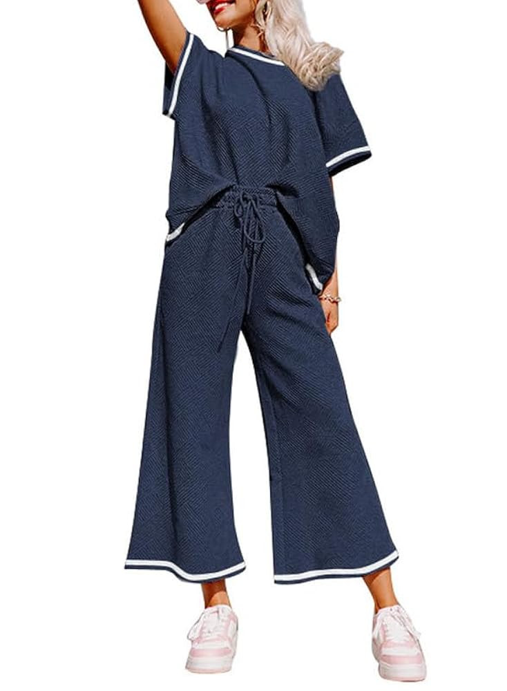 SHEWIN Women's 2 Piece Outfits Sweatsuit Casual Short Sleeve Pullover Tops and Drawstring Wide Le... | Amazon (US)