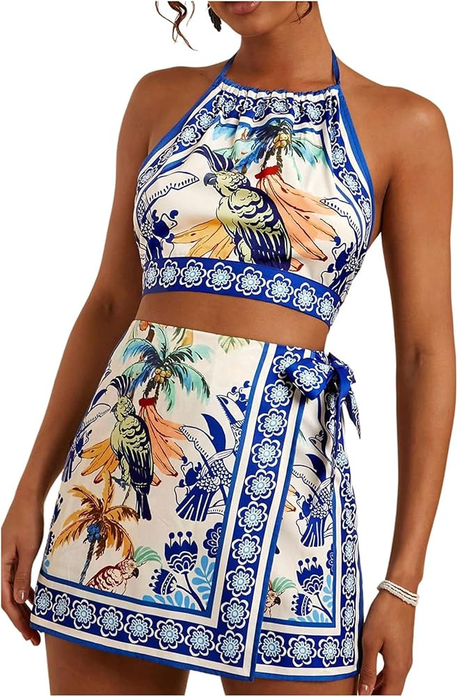 SweatyRocks Women's Tie Backless Tropical Print Halter Top and Shorts 2 Piece Vacation Outfits | Amazon (US)