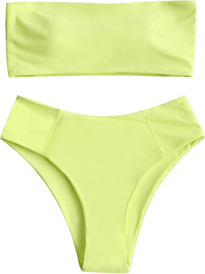ZAFUL Women's High Cut Bandeau Bikini Set Strapless Solid Color 2 Pieces Bathing Suit Swimsuit | Amazon (US)