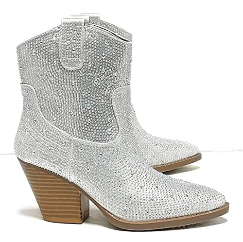 Women's Rhinestone Block Heel Mid Calf Short Ankle Booties Knee High Boots | Amazon (US)